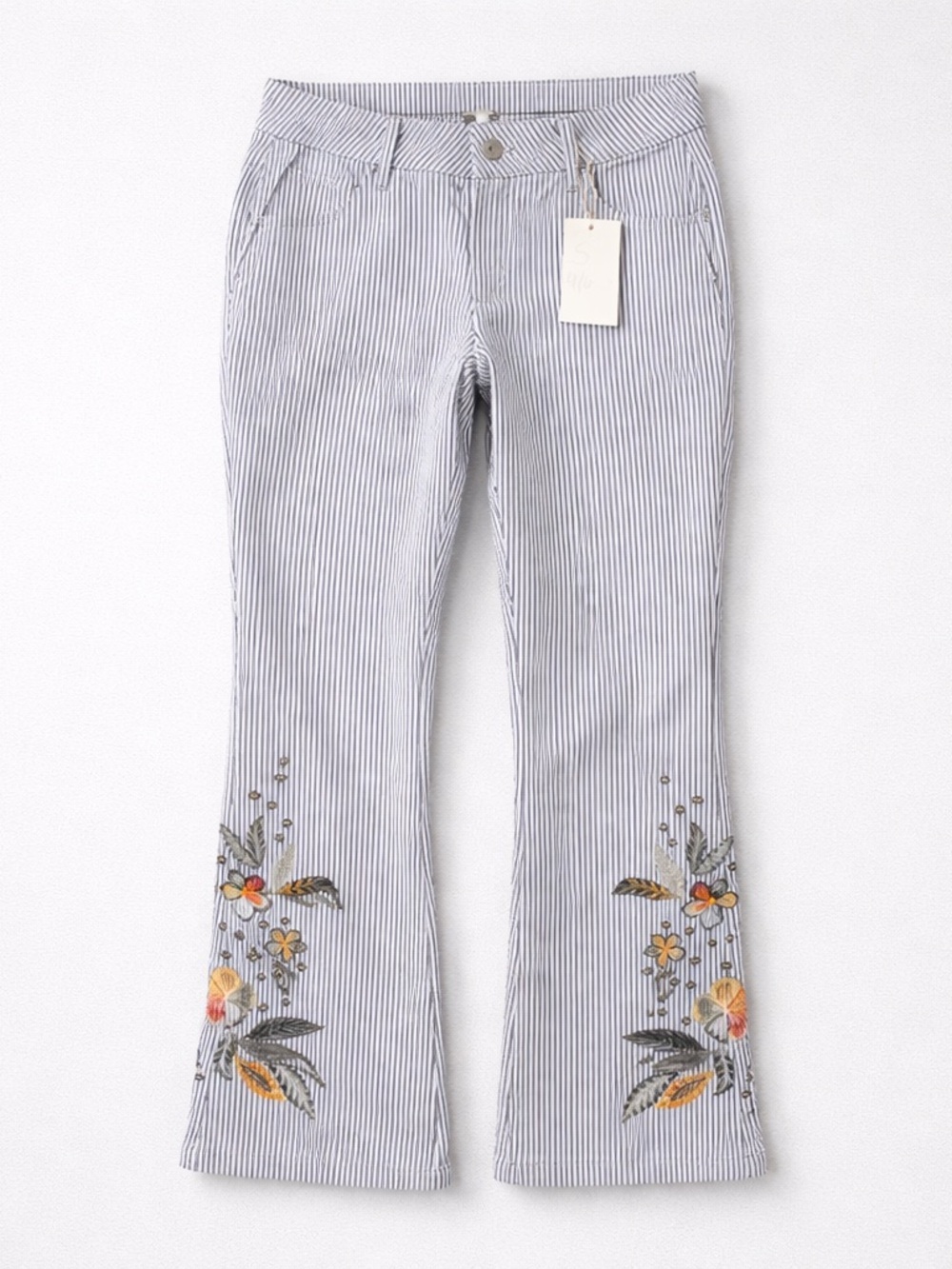 Flamingos Navy & White Embroidered Vertical Stripe Pants jeans